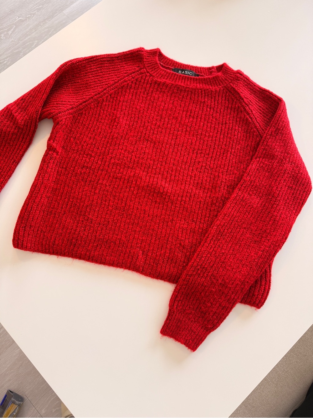 Basic Red Ribbed Crewneck Sweater - Women
